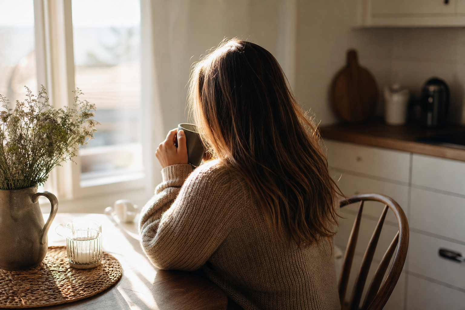 Mom enjoying peaceful me time with morning coffee at home